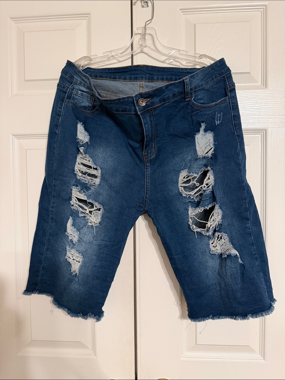 Distressed Dark Blue Denim Bermuda Shorts